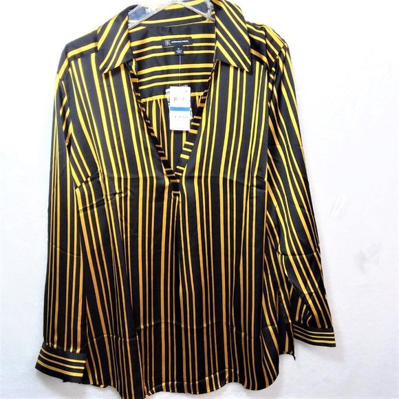 INTERNATIONAL CONCEPTS  Black Gold Striped V-Neck Shiny Sateen Pullover Blouse - Picture 1 of 8